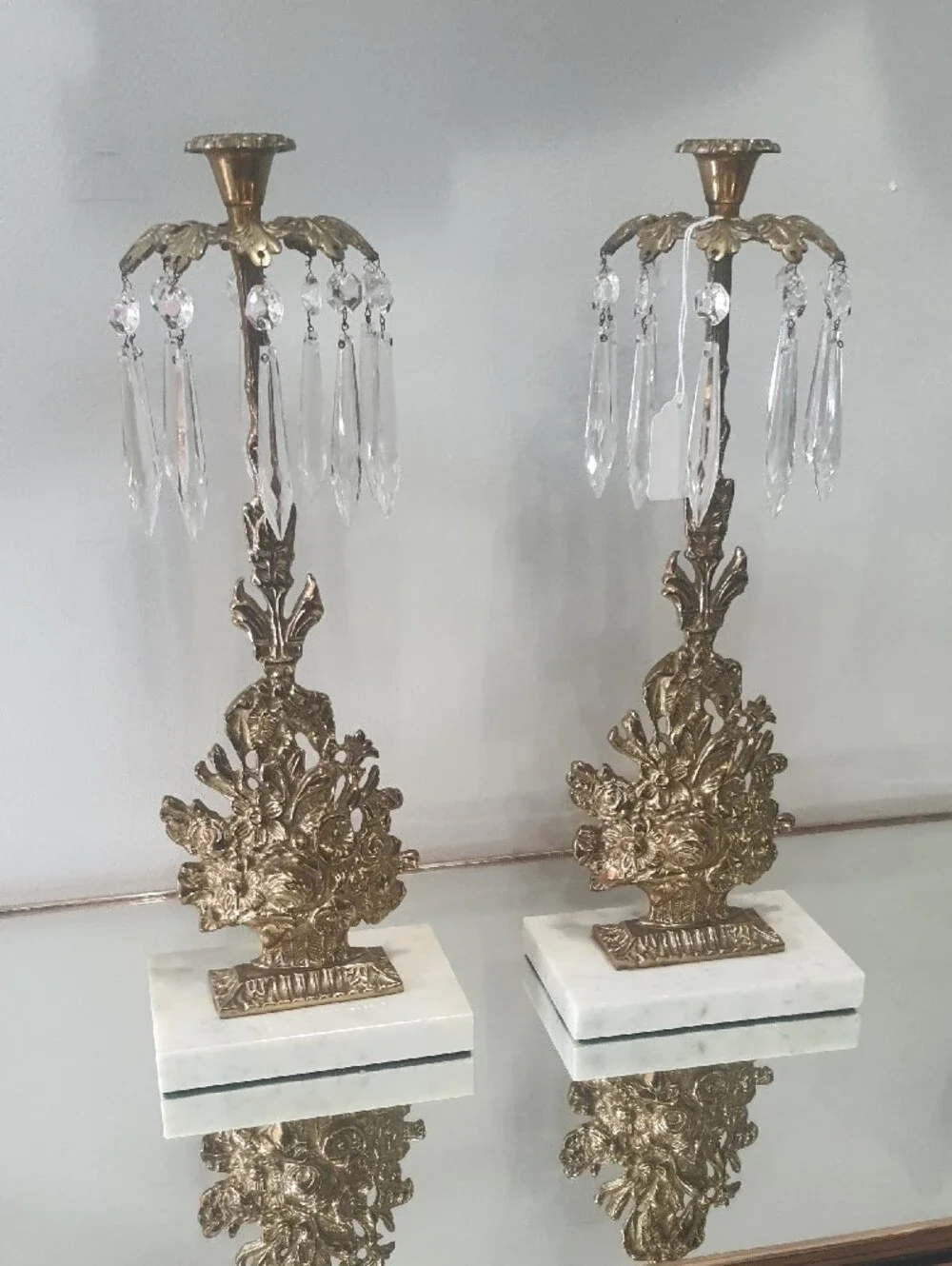 Decorative Brass Floral Taper Candlestick Pair with Crystals - Gold